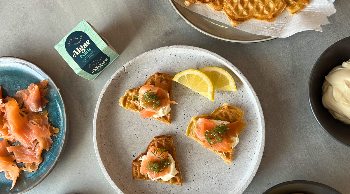 Smoked Salmon Heart Waffles with Algae Pearls