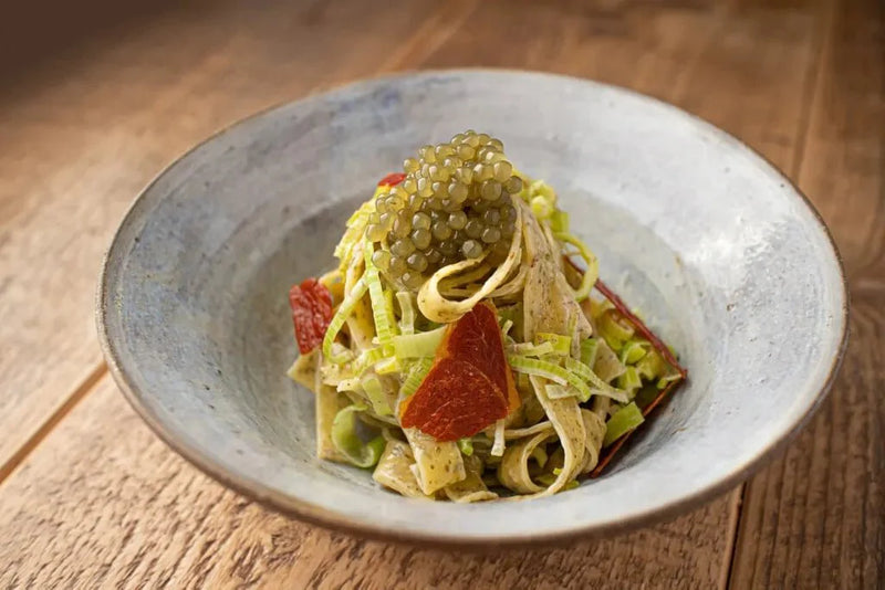 Seaweed Tagliatelle with truffle seaweed, leeks and algae pearls - Lofoten Seaweed