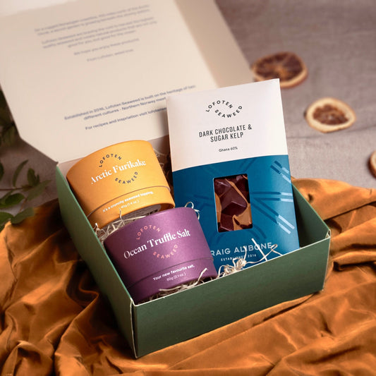 Luxury gift box with Ocean Truffle (sea truffle) salt, Arctic Furikake and seaweed chocolate